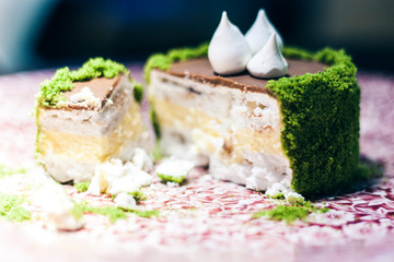 cake with meringue and cream custard on the red plate in restaurant.