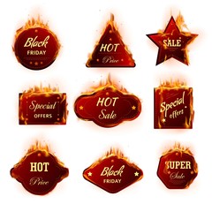 Black Friday isolated icons hot sale tags on fire