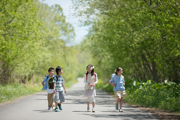 一本道を歩く小学生