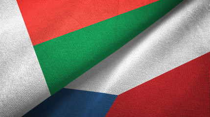 Madagascar and Czech Republic two flags textile cloth, fabric texture