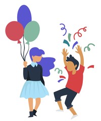 Birthday party girl with balloon and boy throwing confetti