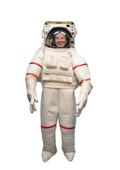 happy Asian woman with big smile in white astronaut suit and astronaut helmet dreaming to be spacewoman isolate on white background with clipping path