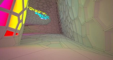 Abstract white Drawing Futuristic Sci-Fi interior With Colored Glowing Neon Tubes . 3D illustration and rendering.
