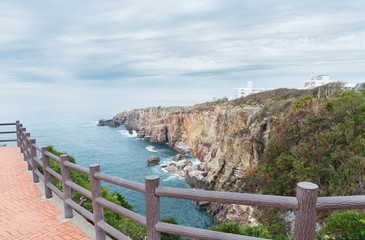 Fototapeta premium Beautiful scenery of Sandambeki Rock Cliff in popular resort town of Shirahama in Wakayama Prefecture , Japan