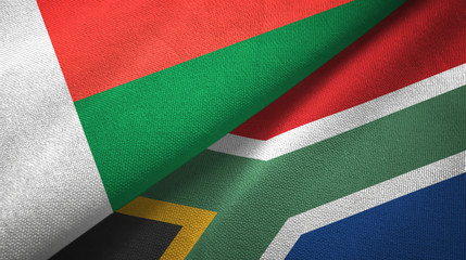 Madagascar and South Africa two flags textile cloth, fabric texture