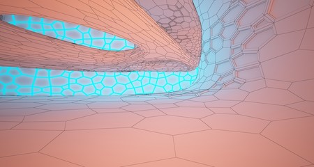 Abstract  white Drawing Futuristic Sci-Fi interior With Orange And Blue Glowing Neon Tubes . 3D illustration and rendering.