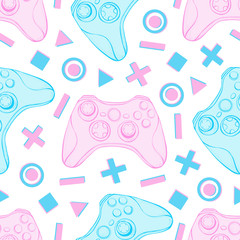 Gamepad joystick game controller seamless pattern. Devices for video games, esports, gamer on white background.  Hand drawn vector in sketch style