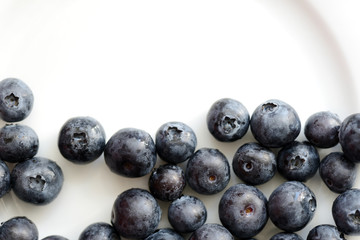 Fresh blueberry berries on a white plate close up. Top view
