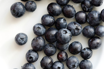 Fresh blueberry berries on a white plate close up. Top view
