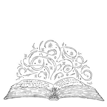 Open magic book engraving ink. Curls and stars magic concept. Vector hand drawn sketch vintage style