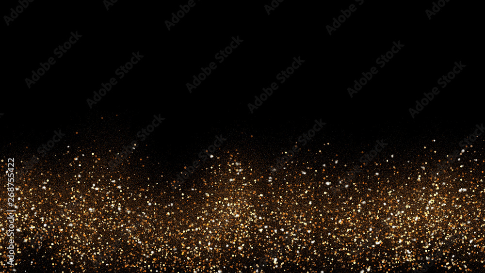 Poster dark brown background with small particles gathered into light waves golden yellow shadows spread th