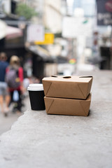 Food and Drink Cafe Take away Cardboard Box. Cappuccino Cardboard cup and Container for Food. Copy space for Cafe Logo. 