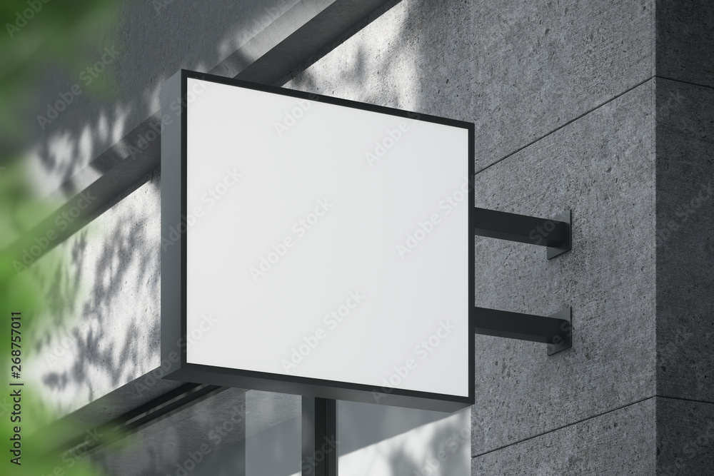 Poster blank white square shop signboard. luminous lightbox on the wall. mock up. 3d rendering