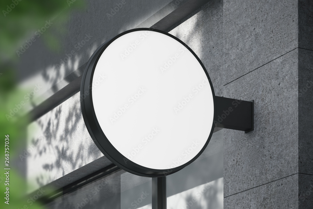 Poster luminous round white blank lightbox mounted on the wall of the store. mock up. 3d rendering