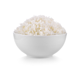 rice in white bowl on white background