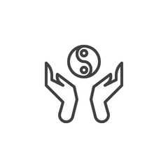 Hands hold ying yang line icon. linear style sign for mobile concept and web design. Praying hands and Ying Yang outline vector icon. Buddhism symbol, logo illustration. Vector graphics