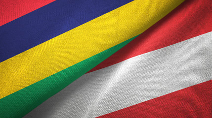 Mauritius and Austria two flags textile cloth, fabric texture 