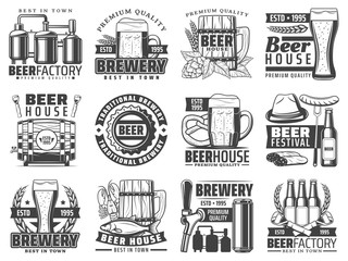 Craft beer pub, bar and brewing factory icons