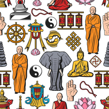 Buddhism religion symbols seamless pattern