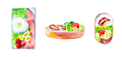 Set of dishes with red fish and rice,salad and tomatoes with cucumbers.Watercolor illustration isolated on white background