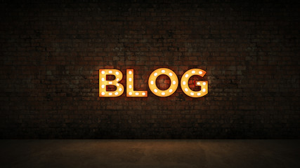 Neon Sign on Brick Wall background - Blog. 3d rendering	