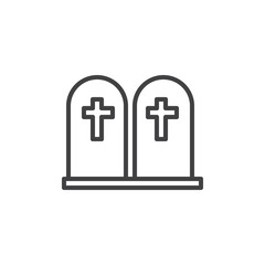 Tomb stone line icon. linear style sign for mobile concept and web design. Two graves with cross outline vector icon. Symbol, logo illustration. Vector graphics