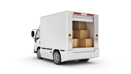 white delivery truck with cardboard boxes. 3d rendering