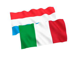 National fabric flags of Italy and Luxembourg isolated on white background. 3d rendering illustration. 1 to 2 proportion.