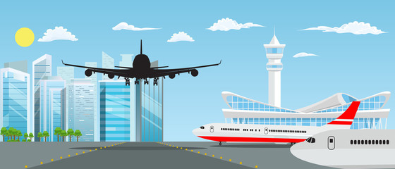 Airport building and planes with nice cityscape in background. Vector illustration.