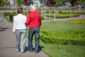 Happy senior sdults walking, sitting in summer, spring park enjoying good weather