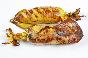Charcoal grilled stuffed Squid Calamari cattle fish on white background