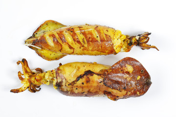 Charcoal grilled stuffed Squid Calamari cattle fish on white background