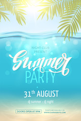 Vector template for poster of Summer Party with 3D text, realistic palm leaves and deep undersea scene. Illustration with underwater ocean landscape. Invitation with marine background.