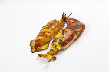 Charcoal grilled stuffed Squid Calamari cattle fish on white background