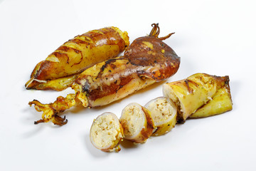 Charcoal grilled stuffed Squid Calamari cattle fish on white background