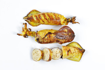 Charcoal grilled stuffed Squid Calamari cattle fish on white background