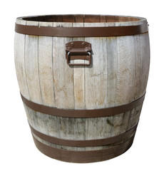Fototapeta premium Street flowerpot for flowers made from old oak barrels isolated