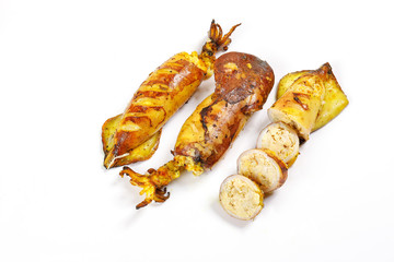 Charcoal grilled stuffed Squid Calamari cattle fish on white background