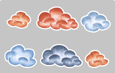 Hand painted watercolor cloud stikers. Cute set for invitation, party, cover design, packaging, kid and baby products