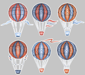 Obraz premium Hand painted watercolor air balloon stikers. Cute set for invitation, party, cover design, packaging, kid and baby products