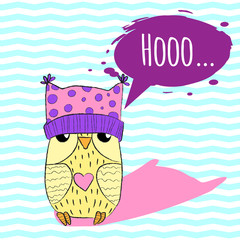 Vector hand draw illustration of cute colourful sleeping owl in hat with crayon lines in cartoon style with funny quote hooo on withe background with zig zag blue stripes