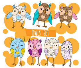 Vector set of hand draw illustration with isolated colorful funny owls in cartoons style with crayon line on bright bubble background