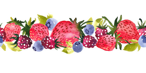Watercolor mix of berries seamless pattern. Blueberries, strawberries; raspberries and cherry