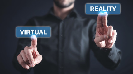 Man hands touch in Virtual Reality button.