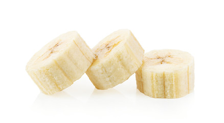 Peeled banana slices isolated on white background. full depth of field