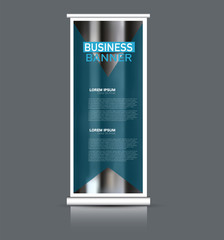 Roll up banner design. Vertical narrow flyer template. Advertising panel layout. Blue vector illustration.
