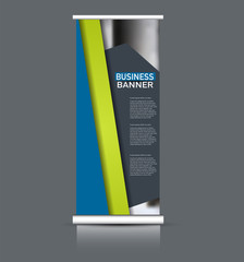 Roll up banner design. Vertical narrow flyer template. Advertising panel layout. Blue and green vector illustration.