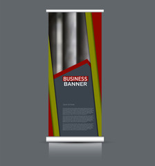 Roll up banner design. Vertical narrow flyer template. Advertising panel layout. Red and green vector illustration.