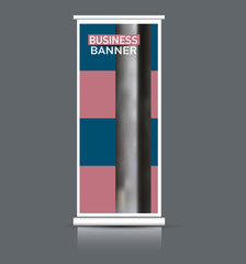 Roll up banner design. Vertical narrow flyer template. Advertising panel layout. Pink and blue vector illustration.