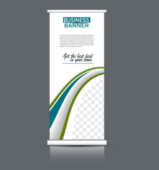 Fototapeta premium Roll up banner design. Vertical narrow flyer template. Advertising panel layout. Blue and greene vector illustration.